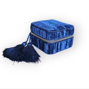 NWOT Sezane Blue Velvet Mini Jewelry Box Case w/ Tassel Zipper Pull